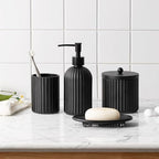 4PCs Heavy Weight Decent Glass Bathroom Accessories Set with Decorative Pressed Pattern - Includes Hand Soap Dispenser & Tumbler & Soap Dish & Toothbrush Holder (Black) - Image 2