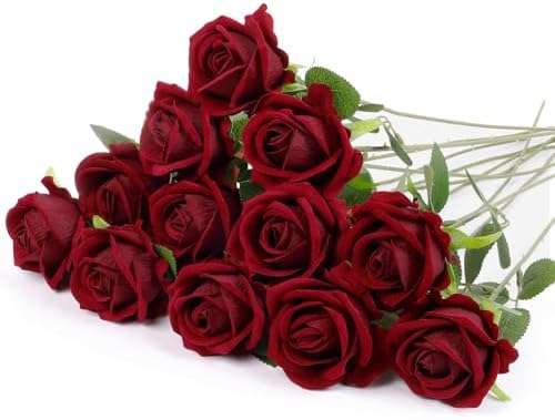 12 Pcs Artificial Rose Flowers, Dark Red Silk Roses with Long Stems, Realistic Fake Roses for Wedding Centerpiece Party Home and Office DIY Decor by Solivya