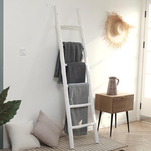 FUIN Blanket Ladder, 6ft Rustic Solid Wood Decorative Ladder, White - Image 2