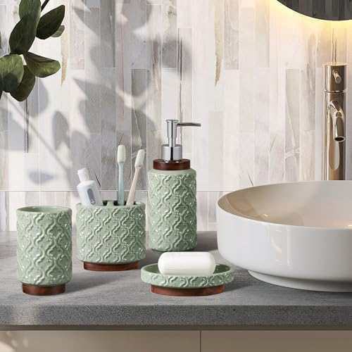 RQYIXI Ceramic Bathroom Accessories Set,Sage Green,4 Piece,Embossed Design - Image 7