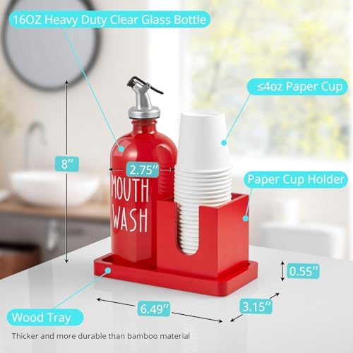 Glass Mouthwash Dispenser for Bathroom, 16 OZ Mouthwash Dispenser with Pour Spout and Wood Cup Holder and Tray, Mouth Wash Bottle Container, Red Kitchen Bathroom Decor and Accessories - Image 3