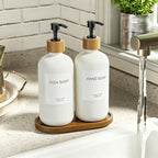 MASADI White Soap Dispenser Set with Tray, Dish and Hand soap Lotion Dispenser Set with Wooden Pump for Kitchen and Bathroom Decor for Counter, Modern Vintage Liquid Soap Dispensers - Image 5
