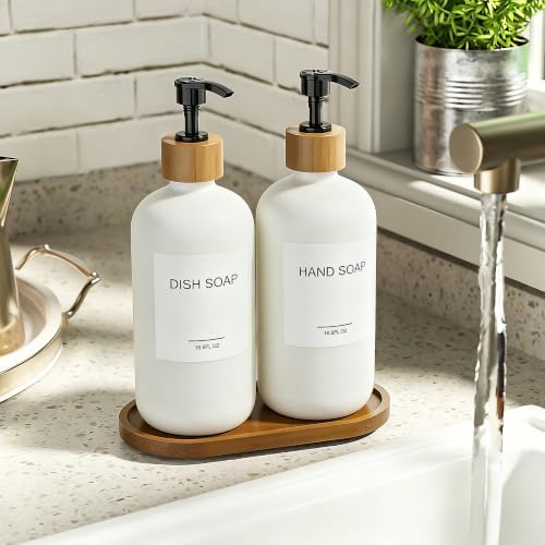 MASADI White Soap Dispenser Set with Tray, Dish and Hand soap Lotion Dispenser Set with Wooden Pump for Kitchen and Bathroom Decor for Counter, Modern Vintage Liquid Soap Dispensers - Image 5