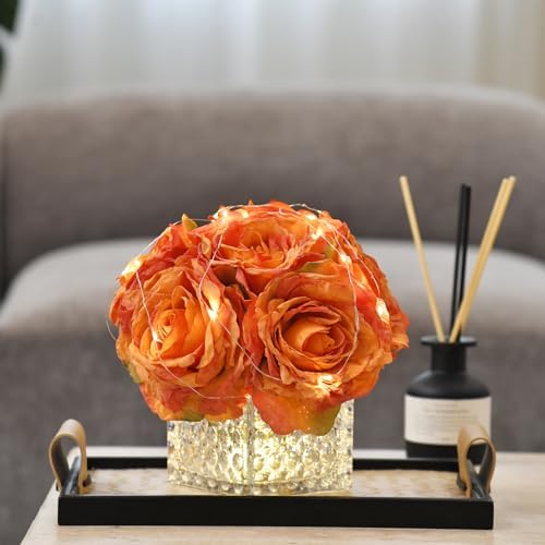 Silk Roses in Glass Vase with LED, Low Centerpiece for Table, Orange - Image 2