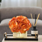Silk Roses in Glass Vase with LED, Low Centerpiece for Table, Orange - Image 2