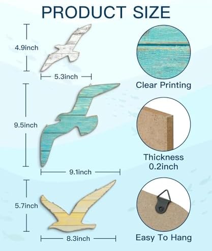 Putuo Decor 3pcs Seagull Wall Decor, Wooden Sea Bird Beach Wall Art, Ocean Home Decor Indoor Coastal Theme Wall Hanging for Bathroom Home Living Room Lake House - Image 2