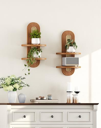 Floating Shelves for Wall,Boho Home Wall Decor,2-Tier Rattan Plant Shelf,Mid Century Hanging Small Decorative Shelf,Natural Wood Shelves for Living Room,Bedroom,House,Office,2-Pack (Walnut) - Image 6