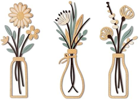 puthiac Wooden Floral Vase Wall Art Set of 3, Rustic Boho Farmhouse Decor by PUTHIAC