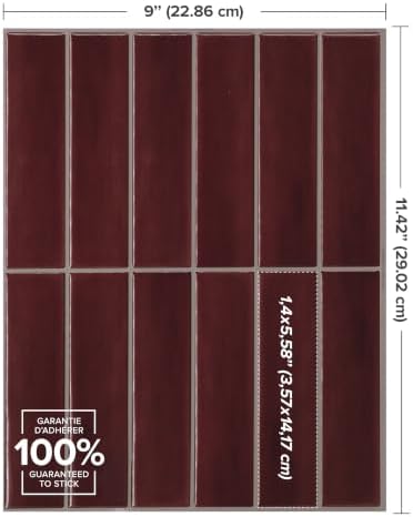 Smart Tiles Peel and Stick backsplash, Stacked Burgundy Red, 11.43"x9" - Image 3