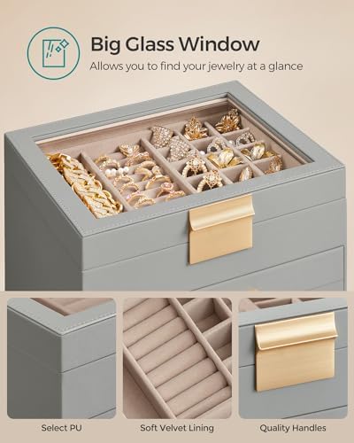SONGMICS Jewelry Box Organizer, 4-Layer Storage with 3 Drawers, Glass Lid - Image 4