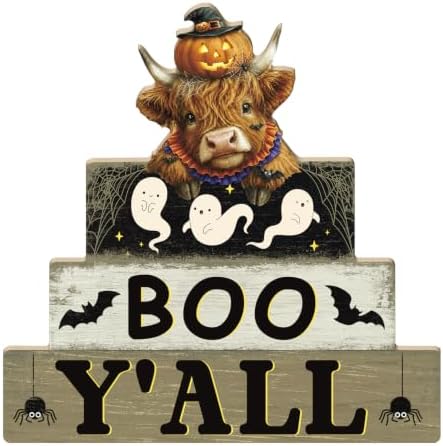 Putuo Decor Halloween Highland Cow Table Decor, Wooden Boo Yall Shelf Sign by PUTUODECOR