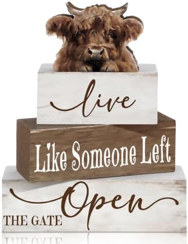 Moucuny 4 Pcs Highland Cow Table Decorations Set Wooden Tiered Tray Decor Farmhouse Table Centerpiec Stacked Wooden Block Signs for Fireplace Mantel Home Shelf Kitchen by Moucuny