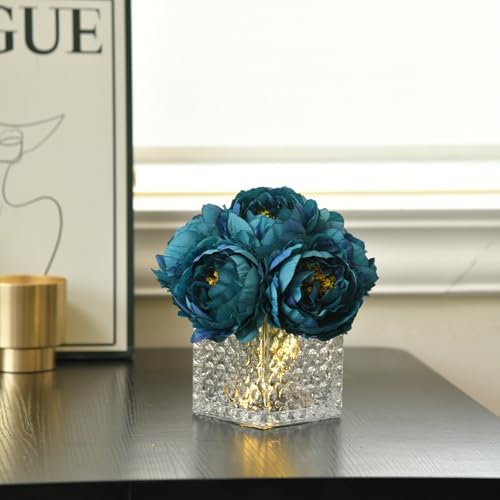Artificial Peony Silk Flower Centerpieces with LED Light Faux Floral Arrangement in Glass Vase for Home Wedding Table Decoration (Peacock Blue) - Image 4