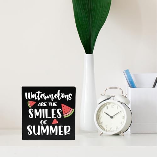 IYEZH Summer Decor Watermelon Wood Box Sign 5 x 5 Inches Desk Decor Rustic Country Wooden Square Sign Decor Watermelon Summer Decorations for Home Beach House Outdoor Shelf Wall Farmhouse Table Shelf - Image 3
