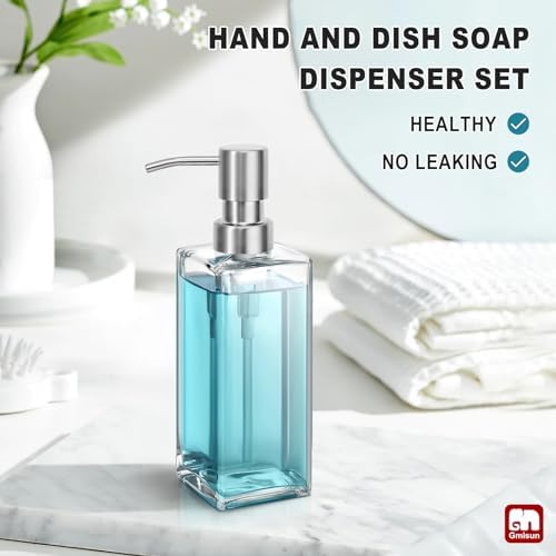 GMISUN Glass Soap Dispenser with Stainless Steel Pump, Clear Hand Soap Dispenser for Bathroom, 12 fl oz/350ml Dish Dispensers for Kitchen, Modern Refillable Liquid Soap Lotion Bottle for Countertop - Image 5