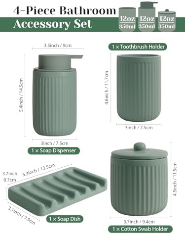 INGOFIN 4 Pcs Ceramic Bathroom Accessory Set - Liquid Soap Dispenser, Toothbrush Holder,Contain Cotton Swab Jar & Soap Dish,Countertop Accessories for Home, Guest Bathroom, Office, Matte Green - Image 2
