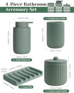 INGOFIN 4 Pcs Ceramic Bathroom Accessory Set - Liquid Soap Dispenser, Toothbrush Holder,Contain Cotton Swab Jar & Soap Dish,Countertop Accessories for Home, Guest Bathroom, Office, Matte Green - Image 2