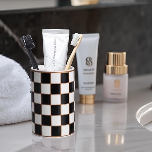 Checkered Bathroom Toothbrush Holder, Bathroom Black and White Ceramic Toothbrush Holder, Modern Toothbrush Box, Used for Bathroom countertop Storage Rack, Checkered Bathroom Decoration (Black) - Image 4
