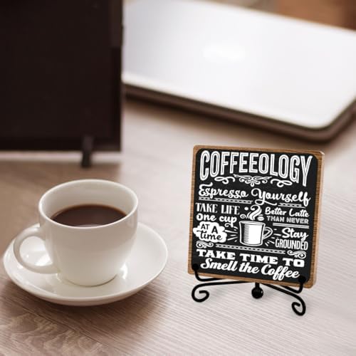 Funny Coffee Bar Decor, 5 x 5 Inch Wooden Desk Sign with Metal Stand - Image 4