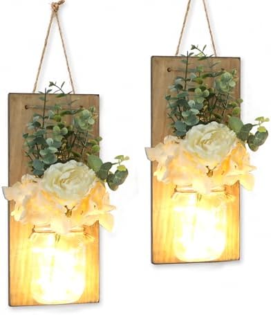 Mason Jar Wall Sconces Set of 2 with LED Lights and Faux Flowers by LiveinspiredLiveBesuerte
