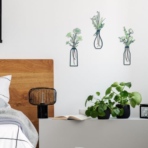 Pigort 3 Pieces Metal Flowers Wall Arts, Wall Decors for Home, Deep Green - Image 3