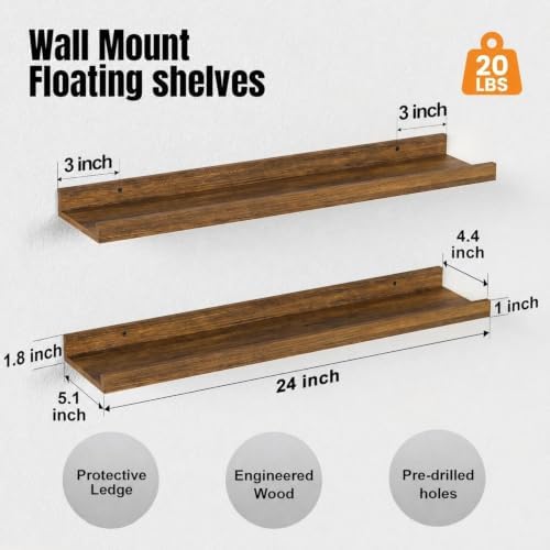 24inch Long Floating Shelves for Wall Decor, 3-Set Shelves with Lip, Brown - Image 3