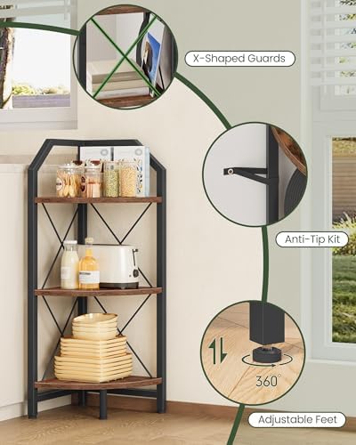 CHOEZON 3-Tier Corner Shelf, Industrial Corner Bookshelf, 35.4" Storage Stand, Plant Stand Display Shelf, Bookcase for Bedroom, Living Room, Home Office, Rustic Brown and Black TCJ03BF - Image 4