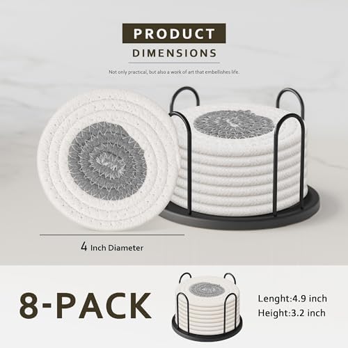 Lazebox Coasters Set of 8 for Drinks, 4 Inch Large Coasters for Coffee Table, Tabletop Protection for Hot & Cold Drinks, Versatile Coasters for Home Decor, Non-Slip & Easy to Clean, White with Grey - Image 2