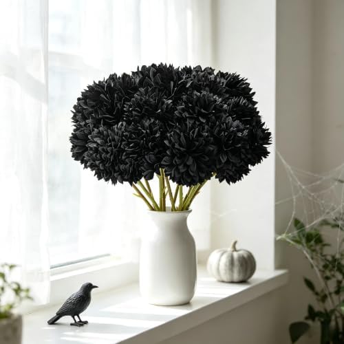 Tinsow 12PCS Halloween Artificial Flowers Black Faux Ball Chrysanthemum - Image 3