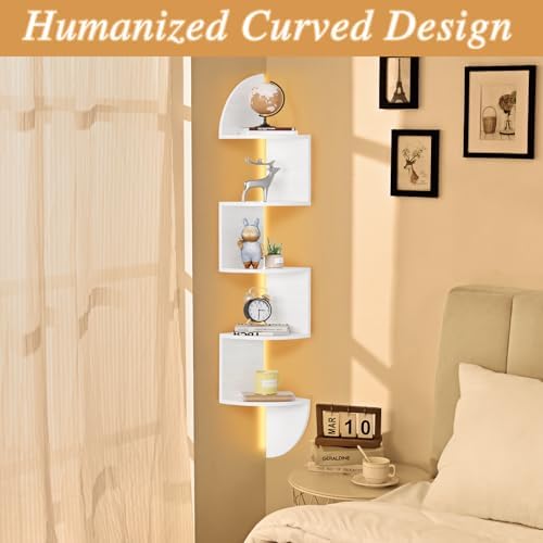 Waipfaru Corner Shelf, 5 Tier Bookshelf with LED Light, Corner Shelf Wall Mounted, Floating Shelves for Wall, Display Stand for Bedroom, Living Room, Bathroom, Home, Office, White - Image 6