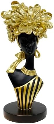 Lescafita African Woman Art Sculpture with Gold Floral Crown, Black and Gold Striped Statue,Elegant African-Inspired Art Gift suitable for various settings such as home, bookshelves, desks, or offices by LESCAFITA