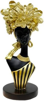 Lescafita African Woman Art Sculpture with Gold Floral Crown, Black and Gold Striped Statue,Elegant African-Inspired Art Gift suitable for various settings such as home, bookshelves, desks, or offices by LESCAFITA
