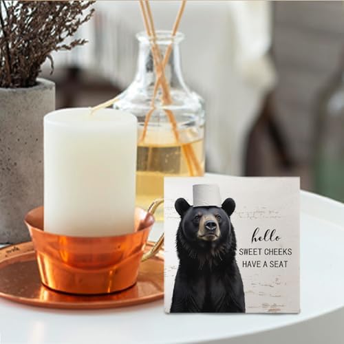 Funny Bear Bathroom Decor - Hello Sweet Cheeks Bear Bathroom Decor, Rustic Farmhouse Wooden Sign, 5 X 5 Inches - Image 4