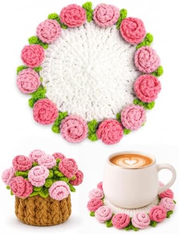 Crochet Flower Bouquet Coasters, Cotton Rose Gifts for Home Decor 1Pc by KQJS