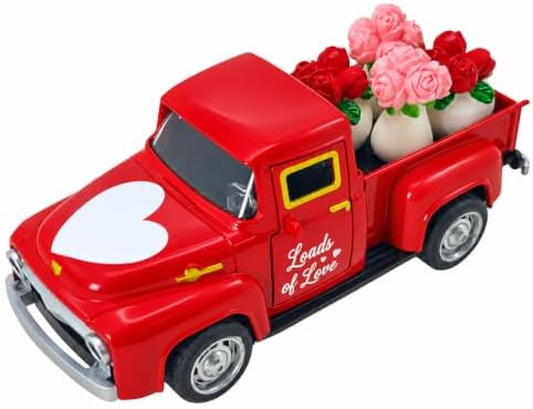 Valentine's Day Red Truck Decor with 4 Mini Rose Flower Pots, 4.9 Inch Vintage Metal Pickup Truck, Romantic Farmhouse Tabletop Centerpiece for Home Office Shelf Mantel, Valentine's Gift for Her by YIPRONS
