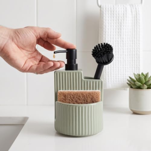 RQYIXI 3-in-1 Ceramic Round Soap Dispenser with Sponge Holder,Green,18 Oz - Image 5