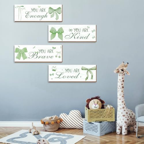 4 Pcs Green Bow Wall Decor, Light Green Coquete Room Decor for Teen Girls, Inspirational Positive Affirmations Wall Wooden Hanging Sign Bathroom Art - Image 6