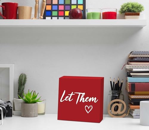 Let Them Wooden Box Sign 5 X 5", Farmhouse Desk Sign Boss Lady Office Cubicle Decor, Let Them Desk Accessories for Therapist Office Living Room Bathroom, Inspirational Boss Gifts for Women (Red) - Image 3