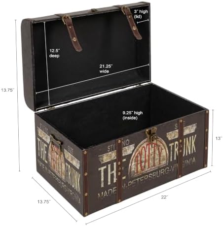 Household Essentials Large Decorative Storage Trunk with Vintage Decoupage, Leather and Metal Accents, Green and Black Finish - Image 3