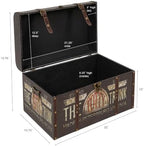 Household Essentials Large Decorative Storage Trunk with Vintage Decoupage, Leather and Metal Accents, Green and Black Finish - Image 3