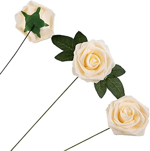 Artificial Flower Foam Rose 25pcs Real Looking Fake Rose with Stems Leaves for Home Decoration Party Garden Centerpieces DIY Wedding Bouquets（Champagne） - Image 3