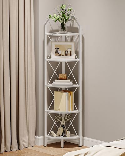 CHOEZON 5-Tier Corner Shelf, Industrial Corner Bookshelf, 59.4" Corner Storage Stand, Plant Stand Display Shelf, Corner Bookcase for Bedroom, Living Room, Home Office, White TCJ10WB by Choezon