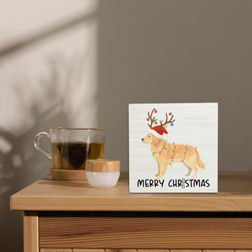 Golden Retriever Merry Christmas Wooden Box Sign Desk Decor, Gifts for Golden Retriever Lovers, Christmas Dog Wood Block Sign for Home Office Desk Table Shelf Wall Decorations, 5x5 Inch - Image 4