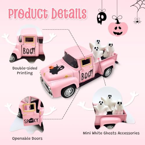 Pink Halloween Ghost Decor Vintage Metal Truck with 3 Mini Ghost Figurines - Image 3