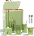 Green Bathroom Accessories Set, 3.5 Gal Trash Can with Press-Top Lid and Garbage Bags, Glass Bathroom Set, Soap Dispenser, Toothbrush Holder, Tumbler, Qtip Holders, Vintage Bathroom Sink Set Decor by BSSN