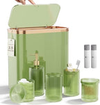 Green Bathroom Accessories Set, 3.5 Gal Trash Can with Press-Top Lid and Garbage Bags, Glass Bathroom Set, Soap Dispenser, Toothbrush Holder, Tumbler, Qtip Holders, Vintage Bathroom Sink Set Decor by BSSN