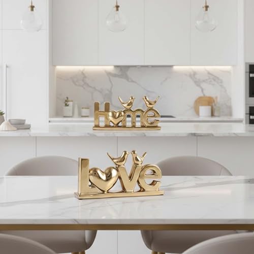 Love Sign Decor,Gold Room Decor Aesthetic, Knick Knack Shelf,Bird Decor, Boho Bookshelf,Abstract Statue,for Living Room,Bedroom, Contemporary Tv Stand Set of 2 (2, Gold Plated) - Image 2