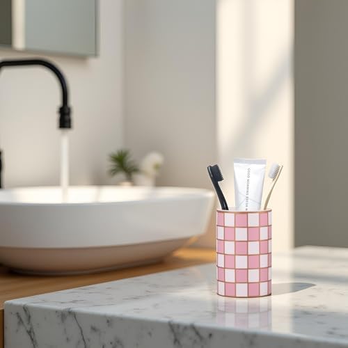 Checkered Bathroom Toothbrush Holder, Bathroom Black and White Ceramic Toothbrush Holder, Modern Toothbrush Box, Used for Bathroom countertop Storage Rack, Checkered Bathroom Decoration (Pink) - Image 5