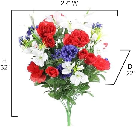 Admired by Nature 40 Stem Artificial Flowers Roses Lily Peony Mixed Bush Spring Faux Flower Arrangement for Outdoor & Indoor Wedding Home Decor, Cemetery Decorations for Grave, Red White Blue - Image 2