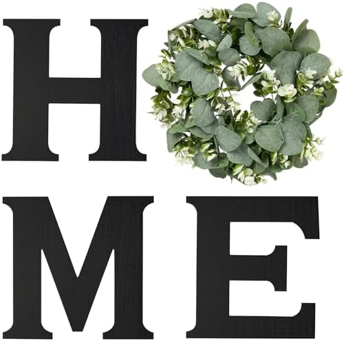 Mkono Home Sign Wall Decor, Farmhouse Wood Letters Eucalyptus for O, Black by Mkono